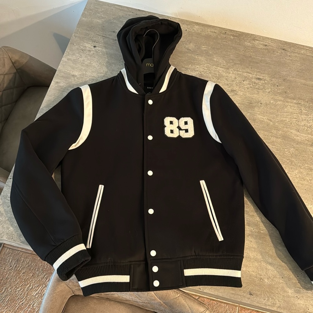 Varsity / College / Letterman Style DKNY jacket. Black with White patches/detail